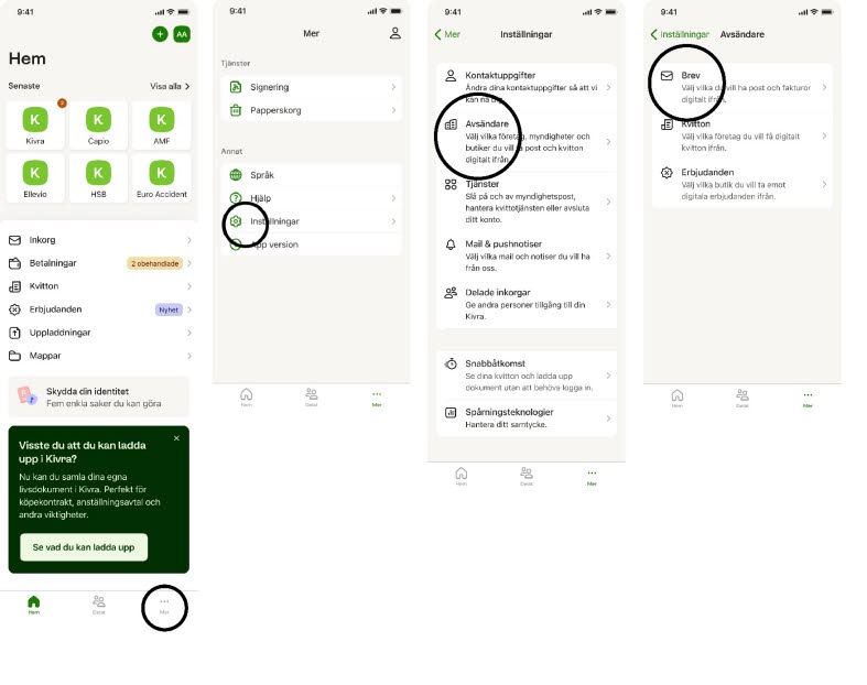 Ändra inställningarna för vilka avsändare du får digital post ifrån i Kivra via Mer, Inställningar, Avsändare.